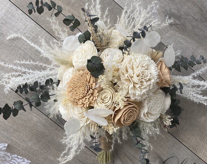 Wedding Bouquet, Bridal Bouquet, Bridesmaid Bouquet, Sola Flower, Wedding Flower, Wooden Flower, Cream, Blush, pampas grass, Rustic, Boho