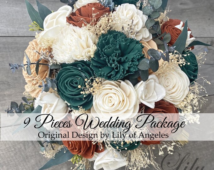 9Pcs Package Wedding Bouquet Bridal Sola Flower Wedding Flower Wooden Flower Terracotta Rust Emerald green Blush Rustic Boho Lily of Angeles