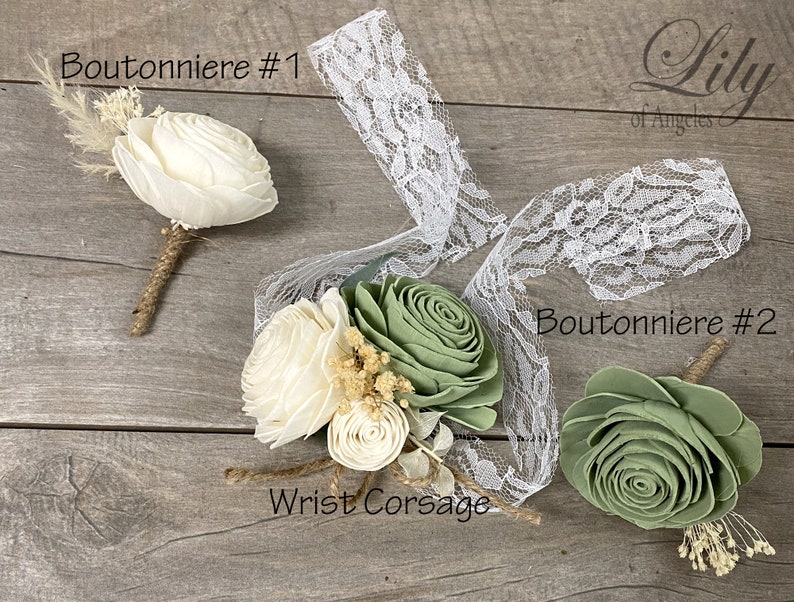 Wedding Bouquet, Bridal Bouquet, Sola Flower, Wedding Flower, Wooden Flower, Green, Sage, Eucalyptus, Corsage, Rustic, Boho, Lily of Angeles zdjęcie 5