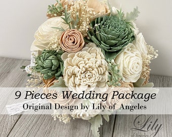 Wedding Bouquet, Bridal Bouquet, 9Pcs Package, Sola, Wedding Flower, Wooden Floral, Blush Ivory, Peach, Green, Rustic, Boho, Lily of Angeles