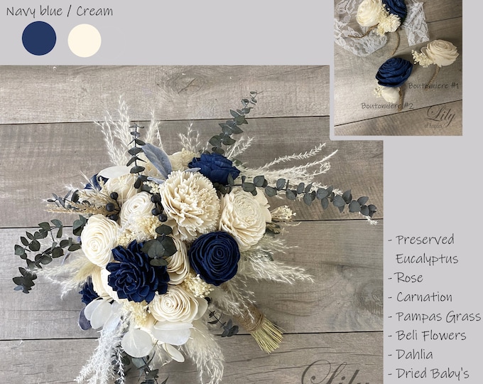 Wedding Bouquet, Bridal Bouquet, Bridesmaid Bouquet, Sola Flower, Wedding Flower, Wooden Flower, Cream, Navy, pampas grass, Rustic, Boho