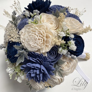 Wedding Bouquet, Cascade Bridal Bouquet, Sola Flower, Wedding Flower, Wooden Flower, Navy, Dusty Blue Periwinkle Rustic Boho Lily of Angeles