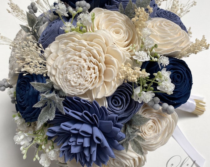 Wedding Bouquet, Cascade Bridal Bouquet, Sola Flower, Wedding Flower, Wooden Flower, Navy, Dusty Blue Periwinkle Rustic Boho Lily of Angeles