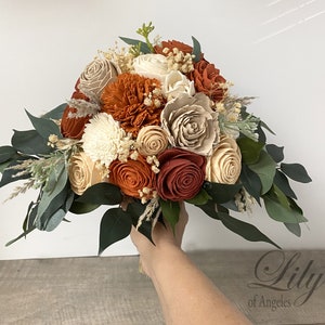 Wedding Bouquet, Bridal Bouquet, Bridesmaid Bouquet, Sola, Wedding Flower, Wooden Flower, Orange, Rust, Cream, Rustic, Boho, Lily of Angeles image 3