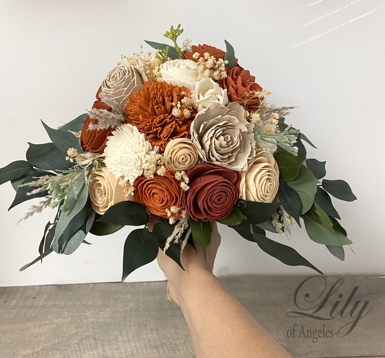 Wedding Bouquet, Bridal Bouquet, Bridesmaid Bouquet, Sola, Wedding Flower, Wooden Flower, Orange, Rust, Cream, Rustic, Boho, Lily of Angeles image 3