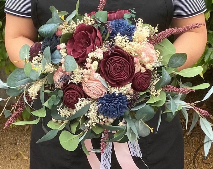 Wedding Bouquet, Bridal Bouquet, Sola Flower, Wedding Flower, Wooden Flower, Dusty pink, Burgundy, Navy Blue Rustic Lily of Angeles