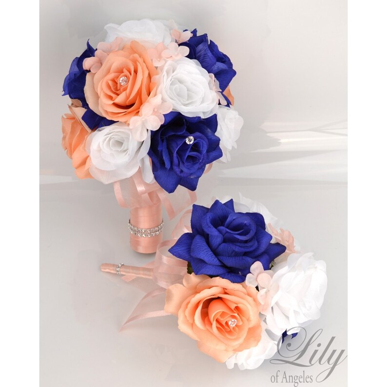 Blue Wedding Flowers Bridal Bouquet Royal Wedding Bouquet Peach Silk Flower Bouquet Lily of Angeles Bridesmaid Bouquet 17 Pcs Navy