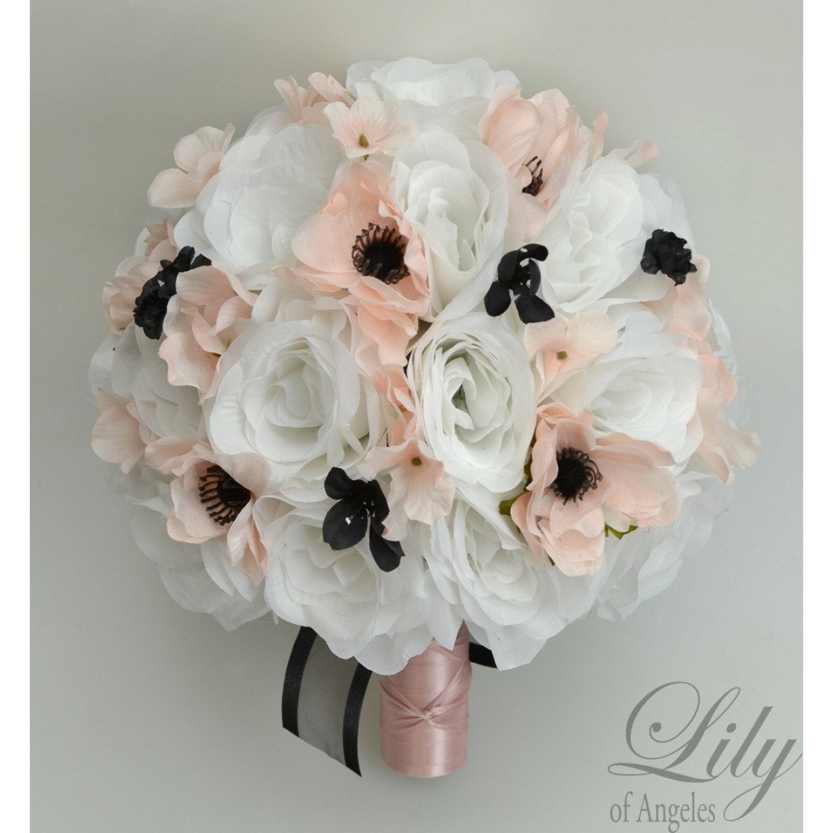 Wedding Bouquet Bridal Bouquet Bridesmaid Bouquet Silk Flower Bouquet Wedding Flowers 17 Piece Package Blush Black Lily Of Angeles
