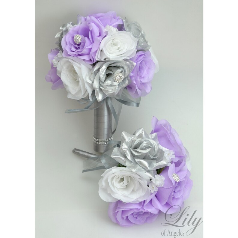 Bridesmaid Bouquet Lily Of Angeles Silver Wedding Flowers Lavender Wedding Bouquet Bridal Bouquet 17 Piece Set Silk Flower Bouquet Accessories Weddings Valresa Com