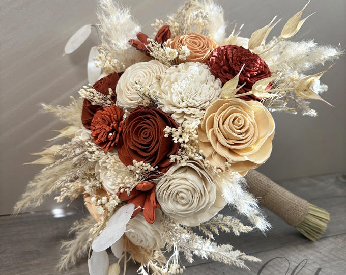 Wedding Bouquet, Bridal Bouquet, Bridesmaid Bouquet, Sola Flower, Wedding Flower, Wooden Flower, Rust, Blush, pampas grass, Rustic, Boho