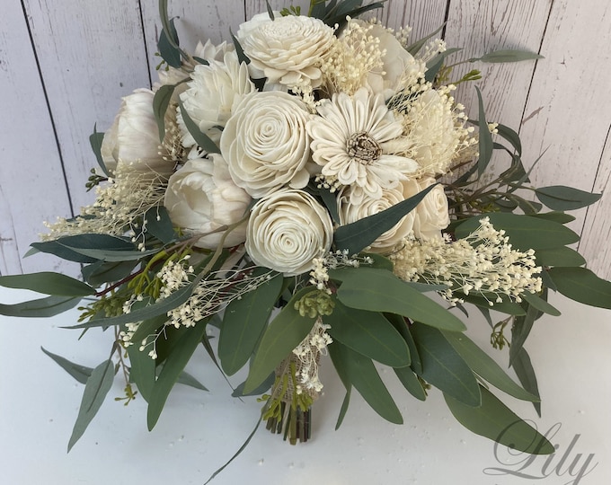 Wedding Bouquet, Bridal Bouquet, Bridesmaid Bouquet, Sola Flower, Wedding Flower, Wooden Flower, Ivory, Cream, Rustic, Boho, Lily of Angeles