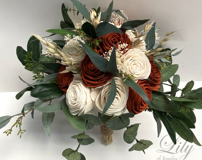 Wedding Bouquet, Bridal Bouquet, Bridesmaid Bouquet, Sola, Wedding Flower, Wooden Flower, Burnt Orange, Cinnamon, Rustic, Lily of Angeles