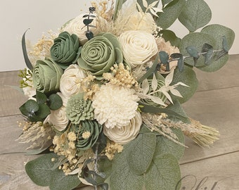 Wedding Bouquet, Bridal Bouquet, Bridesmaid Bouquet, Sola Flower, Wedding Flower, Wooden Flower Sage Green Cream Rustic Boho Lily of Angeles