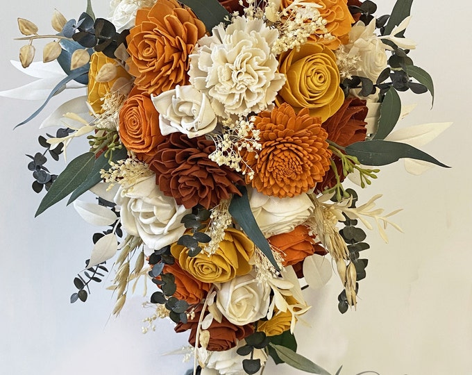 Wedding Bouquet Cascade Bridal Bouquet Sola Flower Boutonniere Wedding Flower Wood Rust Terracotta Burnt Orange Rustic Boho Lily of Angeles