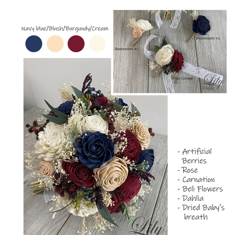 Wedding Bouquet, Bridal Bouquet, Sola Flower, Wedding Flower, Wooden Flower, Burgundy, Navy, Blush, Rustic, Boho, Lily of Angeles image 10