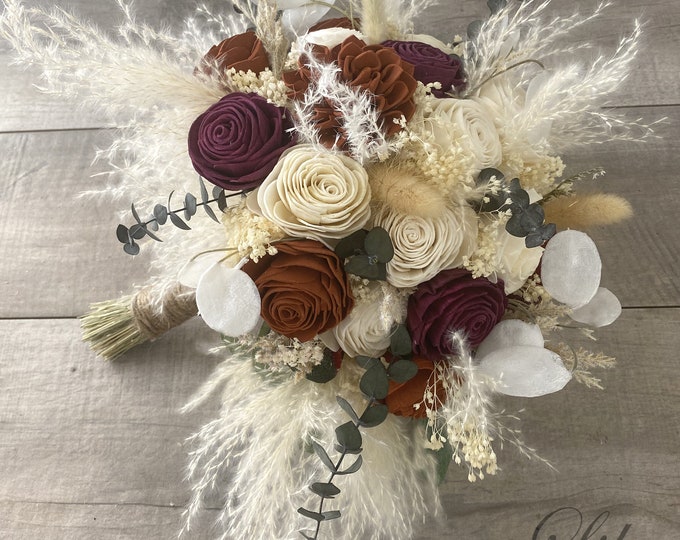 Wedding Bouquet, Bridal Bouquet, Bridesmaid Bouquet, Sola Wedding Flower, Wooden Flower, Rust Burgundy, pampas grass Terracotta Rustic, Boho