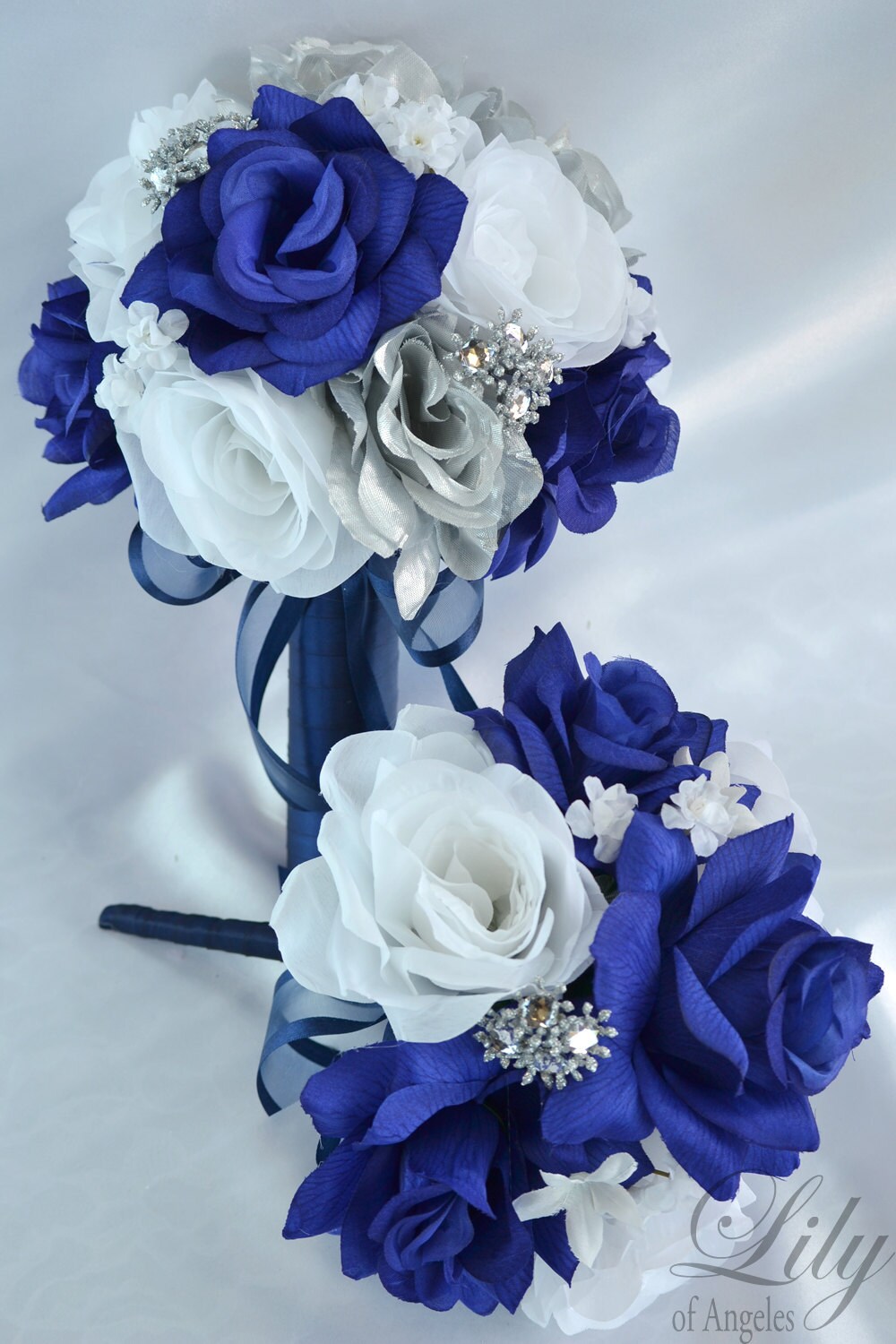 Wedding Bouquet Bridal Bouquet Bridesmaid Bouquet Silk Flower Bouquet Wedding Flower Dark Blue Navy 17 Piece Package Lily Of Angeles