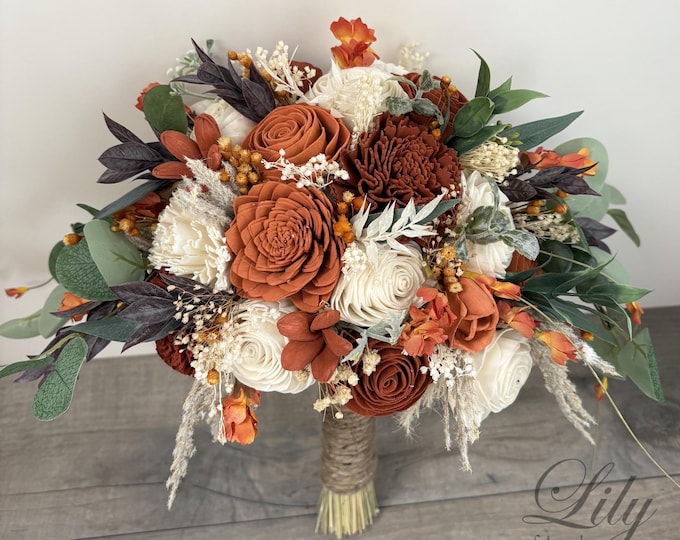 Wedding Bouquet Bridal Bouquet Bridesmaid Sola Flower Wedding Flower Wooden Flower Rust Burnt Orange Verona Sunset Boho Lily of Angeles