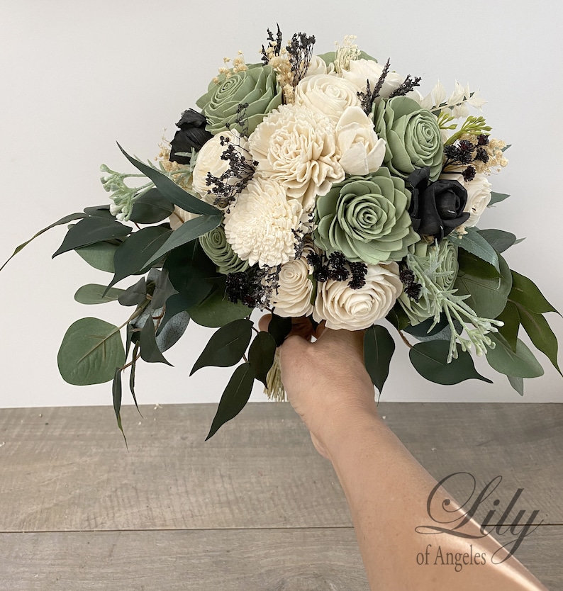 Wedding Bouquet, Bridal Bouquet, Bridesmaid Bouquet, Sola Flower, Wedding Flower, Wooden Flower Sage Black Cream Rustic Boho Lily of Angeles image 2