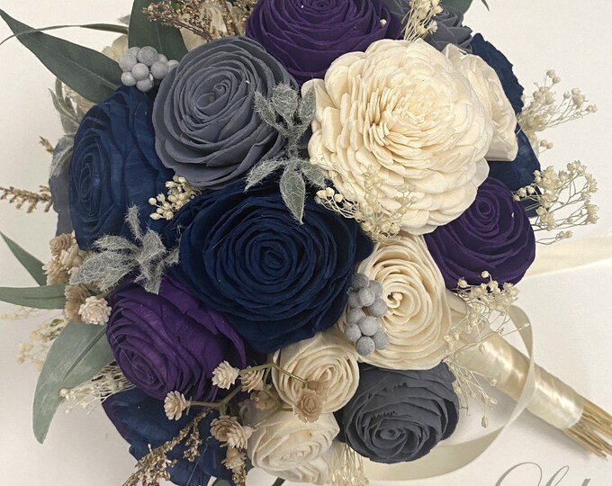 Wedding Bouquet, Bridal Bouquet, Sola Flower, Wedding Flower, Wooden Flower, Navy, Gray, Purple, Ivory, Rustic, Boho, Lily of Angeles