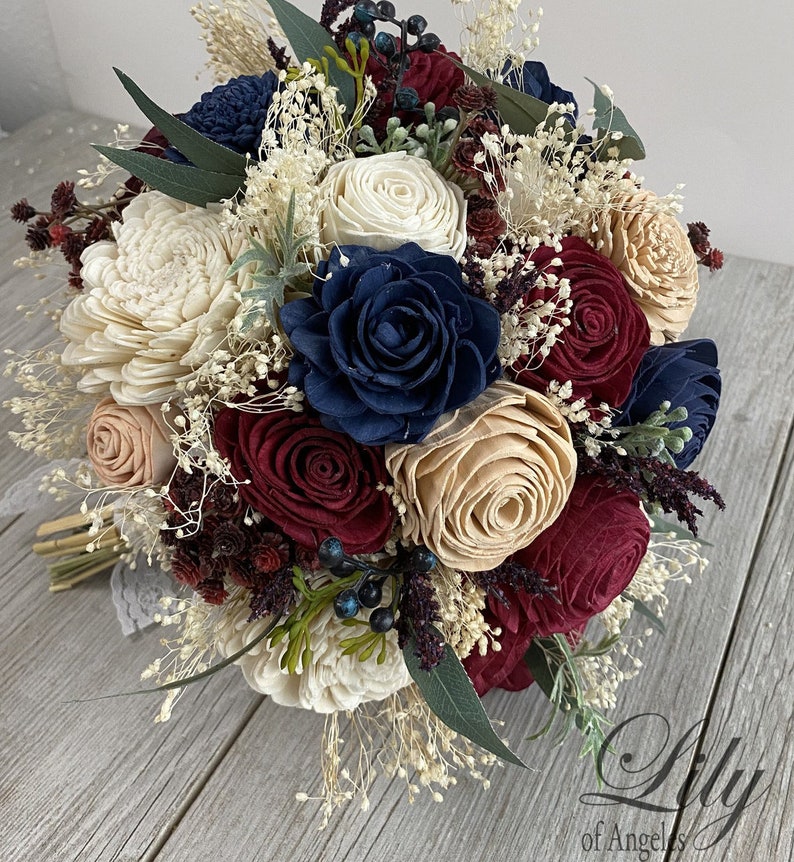 Wedding Bouquet, Bridal Bouquet, Sola Flower, Wedding Flower, Wooden Flower, Burgundy, Navy, Blush, Rustic, Boho, Lily of Angeles image 1