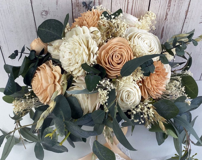 Wedding Bouquet, Bridal Bouquet, Bridesmaid Bouquet, Sola Flower, Wedding Flower, Wooden Flower, Ivory, Peach, Rustic, Boho, Lily of Angeles