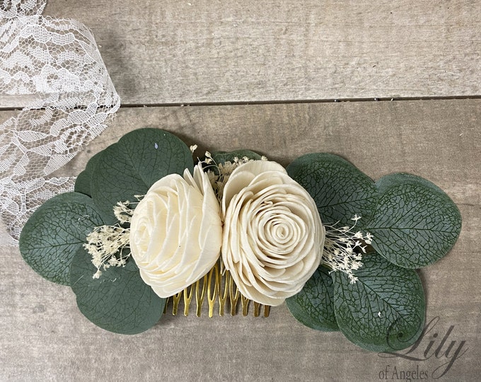 Bridal Hair Comb, Boho Hair Piece, Headpiece, Dried Flower Comb, Ivory, Eucalyptus, Lily of Angeles