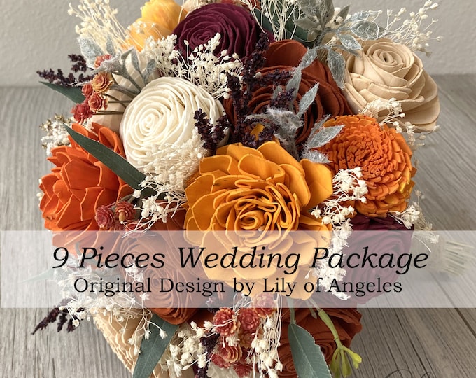 Wedding Bouquet, Bridal Bouquet, 9Pcs Package, Sola, Wedding Flower, Wooden Flower, Fall, Orange, Burnt, Rust, Rustic, Boho, Lily of Angeles