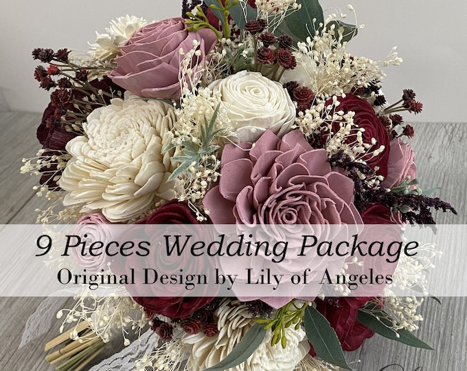 Wedding Bouquet, Bridal Bouquet, 9Pcs Package, Sola Flower, Wedding Flower, Wooden Flower, Burgundy, Mauve, Rustic, Boho, Lily of Angeles
