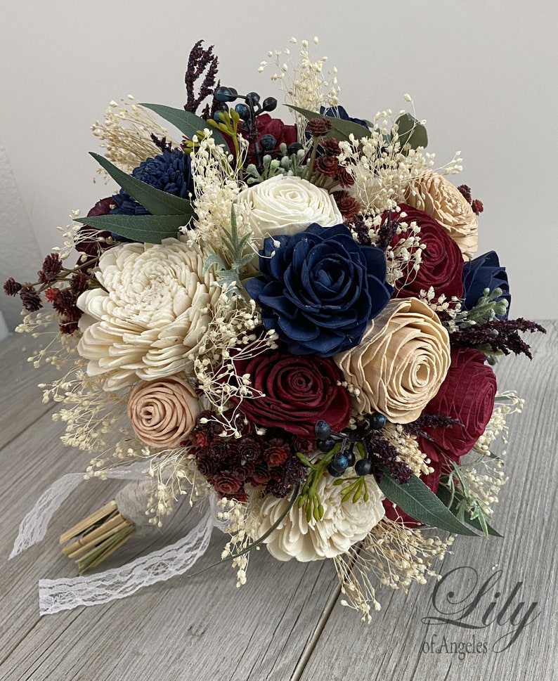 Wedding Bouquet, Bridal Bouquet, Sola Flower, Wedding Flower, Wooden Flower, Burgundy, Navy, Blush, Rustic, Boho, Lily of Angeles image 2