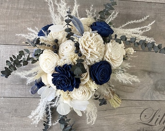 Wedding Bouquet, Bridal Bouquet, Bridesmaid Bouquet, Sola Flower, Wedding Flower, Wooden Flower, Cream, Navy, pampas grass, Rustic, Boho