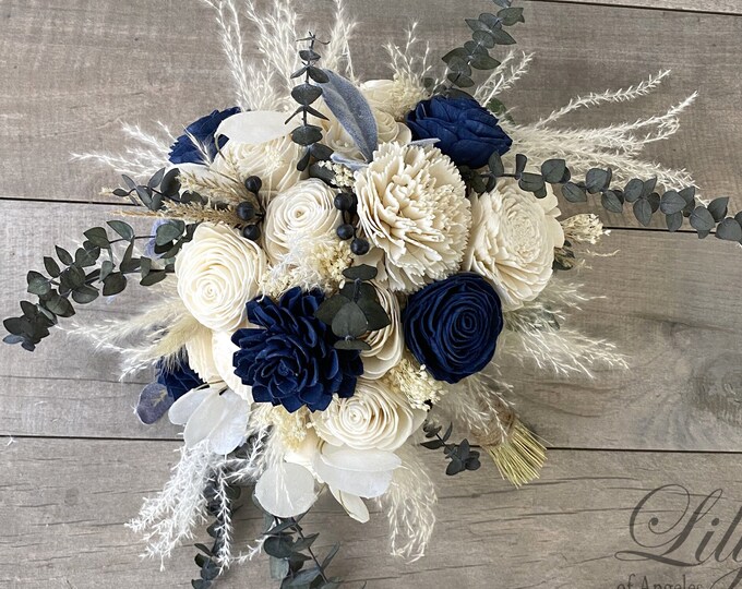 Wedding Bouquet, Bridal Bouquet, Bridesmaid Bouquet, Sola Flower, Wedding Flower, Wooden Flower, Cream, Navy, pampas grass, Rustic, Boho