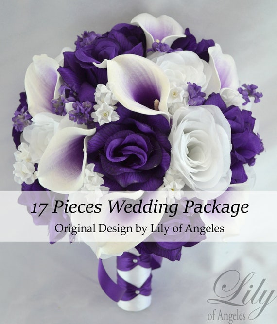 21 Piece Silk Flower Wedding Bridal Bouquet Package PURPLE  LAVENDER LILY 