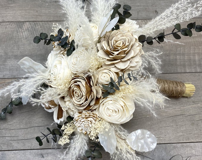 Wedding Bouquet, Bridal Bouquet, Bridesmaid Bouquet, Sola Flower, Wedding Flower, Wooden Flower, Cream, Ivory, pampas grass, Rustic, Boho