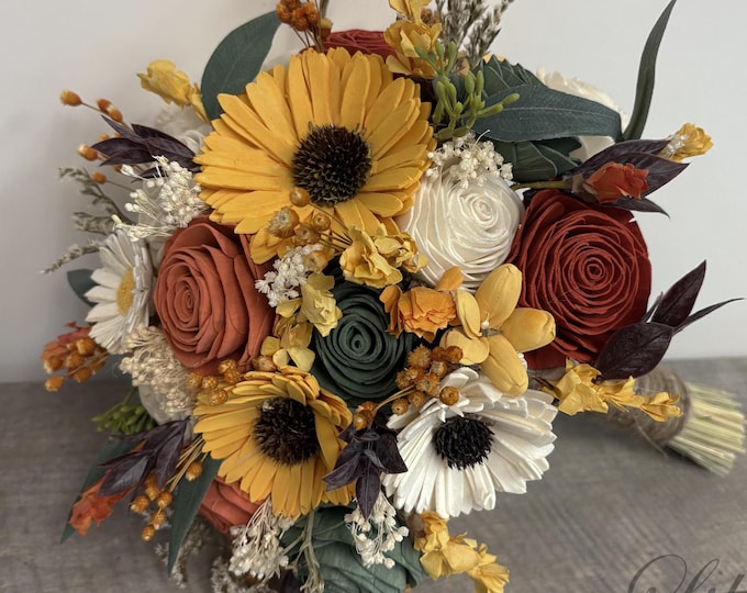 Wedding Bouquet Bridal Bouquet Bridesmaid Sola Flower Wedding Flower Wooden Flower Cream Sunflowers fall Orange  Rustic Boho Lily of Angeles