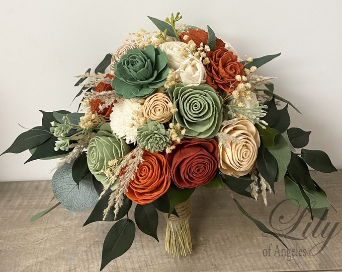 Wedding Bouquet, Bridal Bouquet, Bridesmaid Bouquet, Sola, Wedding Flower, Wooden Flower, Sage Rust Orange Cream Rustic Boho Lily of Angeles