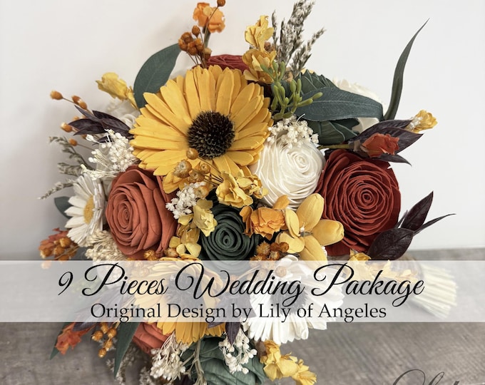 9Pcs Package, Wedding Bouquet Bridal Bridesmaid Sola Flower Wedding Flower Wooden Cream Sunflowers fall Orange Rustic Boho Lily of Angeles