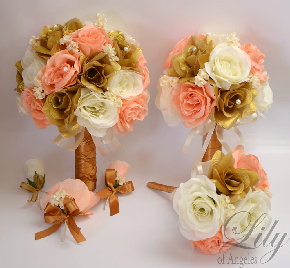Wedding Bouquet Bridal Bouquet Bridesmaid Bouquet Silk Flower Bouquet Wedding Flowers 17 Piece Package Gold Peach Lily Of Angeles