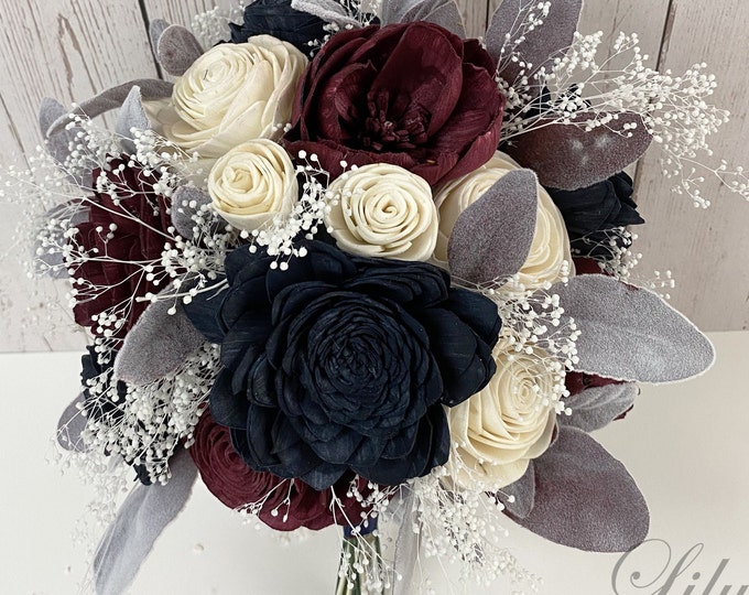 Wedding Bouquet, Bridal Bouquet, Sola Flower, Wedding Flower, Wooden Flower, Burgundy, Ivory, Navy, Dark Blue, Rustic, Boho, Lily of Angeles