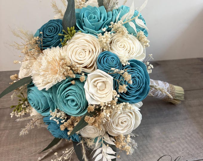 Wedding Bouquet, Bridal Bouquet, Sola Flower, Wedding Flower, Wooden Flower, Teal, Turquoise, Peacock, Corsage, Rustic, Boho Lily of Angeles