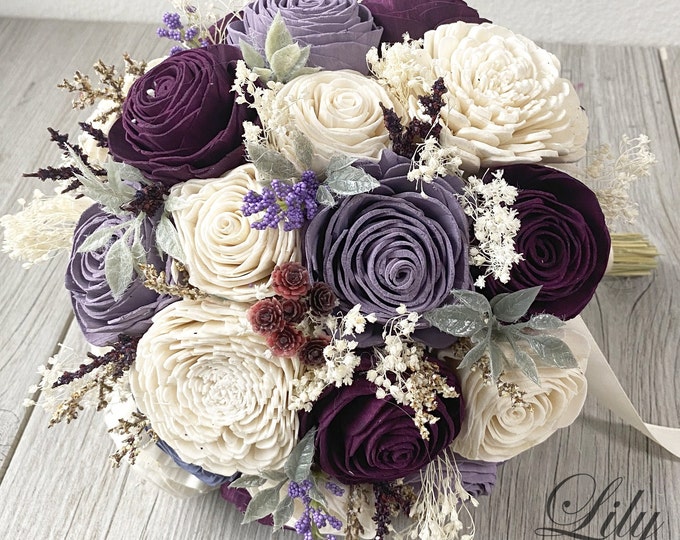 Wedding Bouquet, Bridal Bouquet, Sola Flower, Wedding Flower, Wooden Flower, Plum, Dusty Lavender, Ivory, Rustic, Boho, Lily of Angeles