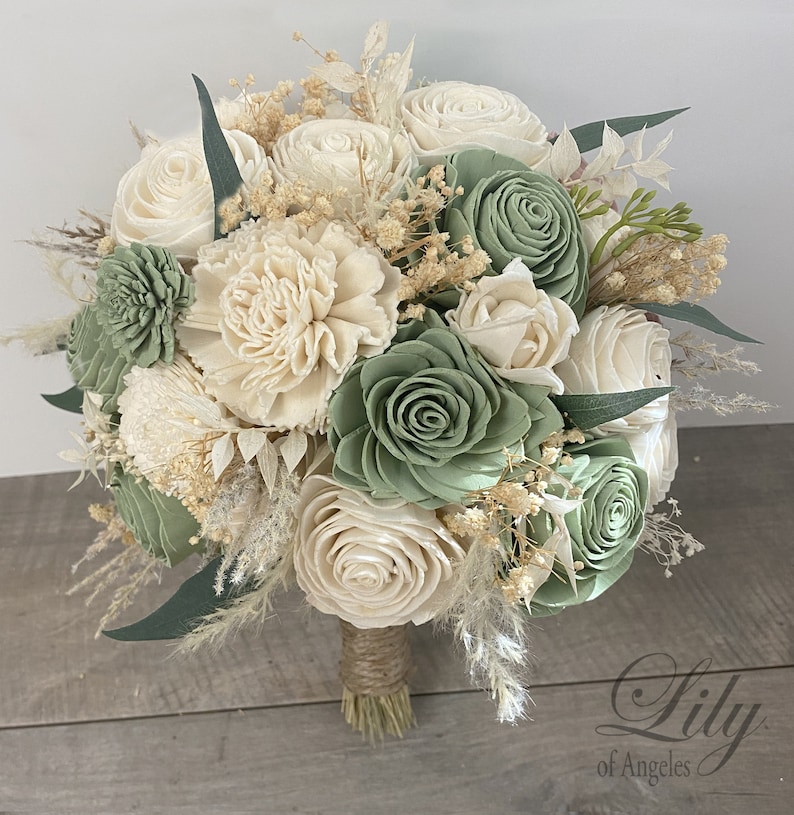 Wedding Bouquet, Bridal Bouquet, Sola Flower, Wedding Flower, Wooden Flower, Green, Sage, Eucalyptus, Corsage, Rustic, Boho, Lily of Angeles zdjęcie 3