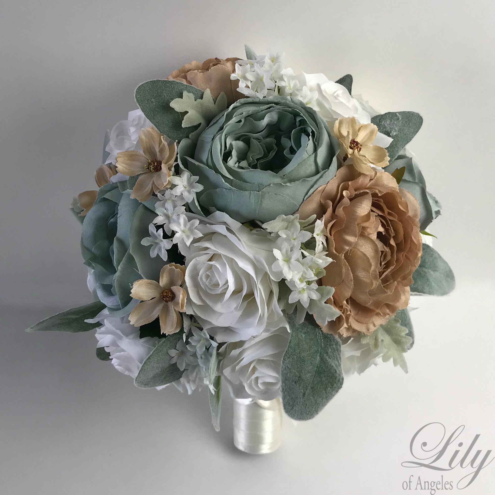 Wedding Bouquet Bridal Bouquet Bridesmaid Bouquet Silk Flower Bouquet Wedding Flower Slate Blue Dusty Blue Khaki Lily Of Angeles