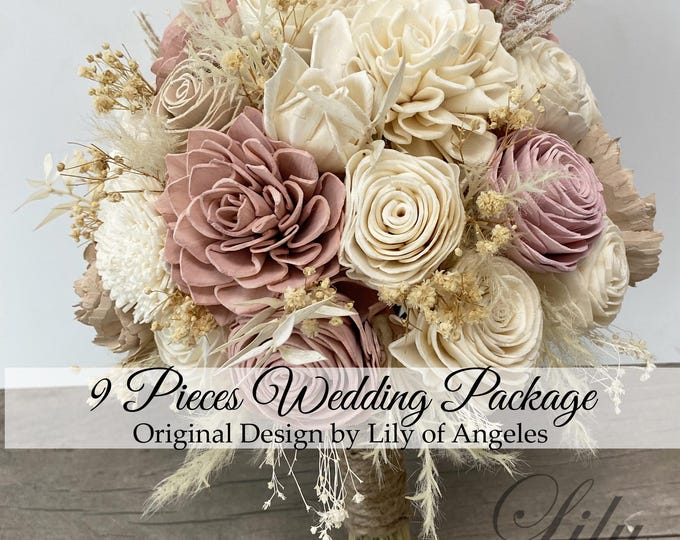 9 Pcs Package, Wedding Bouquet, Bridal, Sola Flower, Wedding Flower, Wooden Flower, Rust , Orange, Corsage, Rustic, Boho, Lily of Angeles