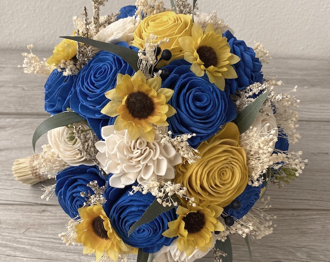 Wedding Bouquet, Bridal Bouquet, Sola Flower, Wedding Flower, Wooden Flower, Royal blue, Yellow, Sun flower, Rustic, Boho, Lily of Angeles
