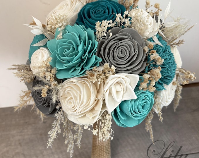 Wedding Bouquet, Bridal Bouquet, Sola Flower, Wedding Flower, Wooden Flower, Teal, Gray, Turquoise, Rustic, Boho, Lily of Angeles
