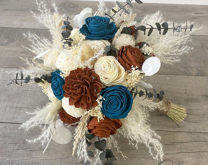 Wedding Bouquet, Bridal Bouquet, Bridesmaid Bouquet, Sola, Wedding Flower, Wooden Flower, Rust, Terracotta, Teal, pampas grass, Rustic, Boho