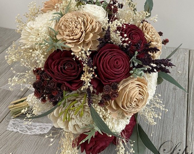 Wedding Bouquet, Bridal Bouquet, Sola Flower, Wedding Flower, Wooden Flower, Burgundy, Ivory, Blush, Peach, Rustic, Boho, Lily of Angeles