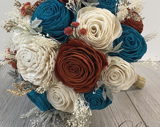 Wedding Bouquet, Bridal Bouquet, Sola Flower, Wedding Flower, Wooden Flower, Fall, Orange, Burnt, Teal, Rustic, Boho, Lily of Angeles