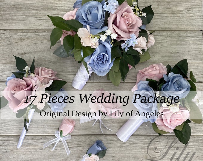Wedding Bouquet, Bridal Bouquet, Bridesmaid Bouquet, 17 Pieces Package, Organic, Wedding Flower, Dusty Pink, Dusty Blue, Lily of Angeles